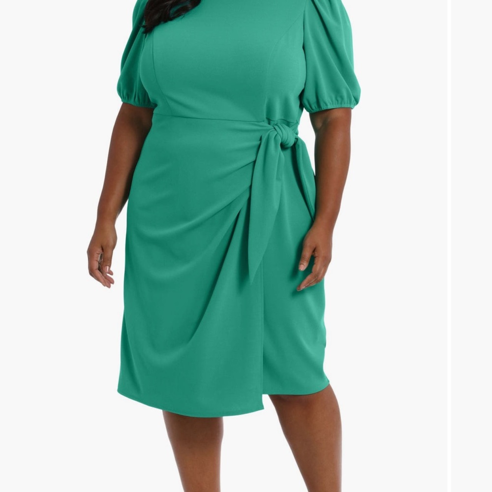 London Times Green Midi Dress with Puff Sleeves